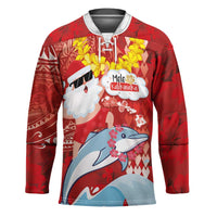 Hawaiian Mele Kalikimaka Hockey Jersey Funny Santa Riding Lei Dolphin with Kakau Tattoos - Polynesian Pride