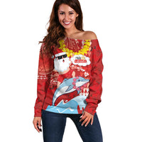 Hawaiian Mele Kalikimaka Off Shoulder Sweater Funny Santa Riding Lei Dolphin with Kakau Tattoos - Polynesian Pride