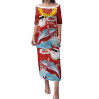 Hawaiian Mele Kalikimaka Puletasi Funny Santa Riding Lei Dolphin with Kakau Tattoos - Polynesian Pride