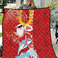 Hawaiian Mele Kalikimaka Quilt Funny Santa Riding Lei Dolphin with Kakau Tattoos - Polynesian Pride