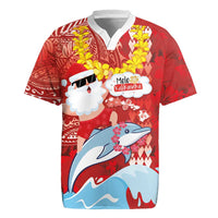 Hawaiian Mele Kalikimaka Rugby Jersey Funny Santa Riding Lei Dolphin with Kakau Tattoos - Polynesian Pride