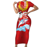 Hawaiian Mele Kalikimaka Short Sleeve Bodycon Dress Funny Santa Riding Lei Dolphin with Kakau Tattoos - Polynesian Pride