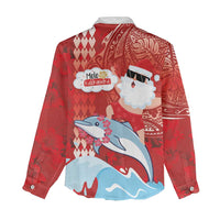 Hawaiian Mele Kalikimaka Women Casual Shirt Funny Santa Riding Lei Dolphin with Kakau Tattoos - Polynesian Pride