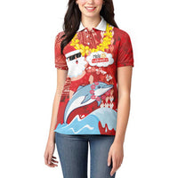 Hawaiian Mele Kalikimaka Women Polo Shirt Funny Santa Riding Lei Dolphin with Kakau Tattoos - Polynesian Pride