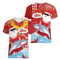 Hawaiian Mele Kalikimaka Women V-Neck T-Shirt Funny Santa Riding Lei Dolphin with Kakau Tattoos - Polynesian Pride