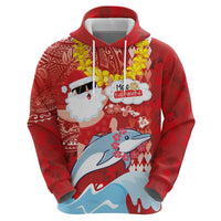 Hawaiian Mele Kalikimaka Zip Hoodie Funny Santa Riding Lei Dolphin with Kakau Tattoos - Polynesian Pride