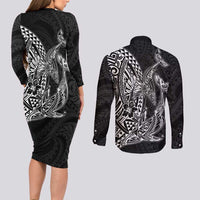 Hawaiian Whales Polynesian Art Motifs Couples Matching Long Sleeve Bodycon Dress and Long Sleeve Button Shirt Black Color - Polynesian Pride