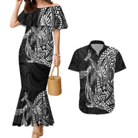 Hawaiian Whales Polynesian Art Motifs Couples Matching Mermaid Dress and Hawaiian Shirt Black Color - Polynesian Pride