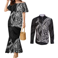 Hawaiian Whales Polynesian Art Motifs Couples Matching Mermaid Dress and Long Sleeve Button Shirt Black Color - Polynesian Pride