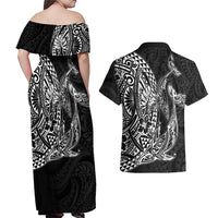 Hawaiian Whales Polynesian Art Motifs Couples Matching Off Shoulder Maxi Dress and Hawaiian Shirt Black Color - Polynesian Pride