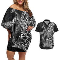 Hawaiian Whales Polynesian Art Motifs Couples Matching Off Shoulder Short Dress and Hawaiian Shirt Black Color - Polynesian Pride