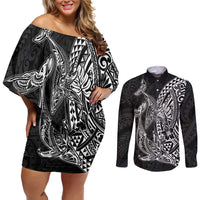 Hawaiian Whales Polynesian Art Motifs Couples Matching Off Shoulder Short Dress and Long Sleeve Button Shirt Black Color - Polynesian Pride