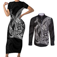Hawaiian Whales Polynesian Art Motifs Couples Matching Short Sleeve Bodycon Dress and Long Sleeve Button Shirt Black Color - Polynesian Pride