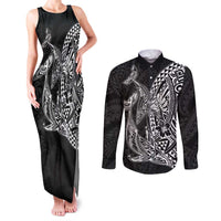 Hawaiian Whales Polynesian Art Motifs Couples Matching Tank Maxi Dress and Long Sleeve Button Shirt Black Color - Polynesian Pride