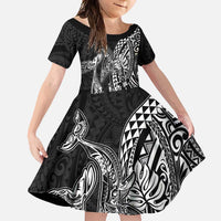 Hawaiian Whales Polynesian Art Motifs Family Matching Long Sleeve Bodycon Dress and Hawaiian Shirt Black Color - Polynesian Pride