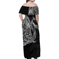 Hawaiian Whales Polynesian Art Motifs Family Matching Off Shoulder Maxi Dress and Hawaiian Shirt Black Color - Polynesian Pride