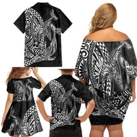 Hawaiian Whales Polynesian Art Motifs Family Matching Off Shoulder Short Dress and Hawaiian Shirt Black Color - Polynesian Pride