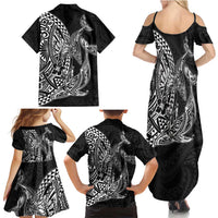 Hawaiian Whales Polynesian Art Motifs Family Matching Summer Maxi Dress and Hawaiian Shirt Black Color - Polynesian Pride