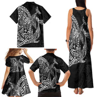 Hawaiian Whales Polynesian Art Motifs Family Matching Tank Maxi Dress and Hawaiian Shirt Black Color - Polynesian Pride