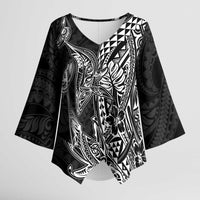 Hawaiian Whales Polynesian Art Motifs Kimono Sleeve Blouse Black Color - Polynesian Pride
