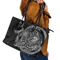 Hawaiian Whales Polynesian Art Motifs Leather Tote Bag Black Color - Polynesian Pride