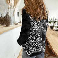 Hawaiian Whales Polynesian Art Motifs Women Casual Shirt Black Color - Polynesian Pride