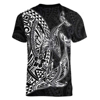 Hawaiian Whales Polynesian Art Motifs Women V-Neck T-Shirt Black Color - Polynesian Pride