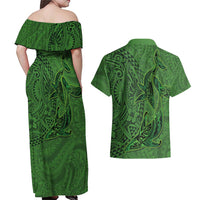 Hawaiian Whales Polynesian Art Motifs Couples Matching Off Shoulder Maxi Dress and Hawaiian Shirt Green Color - Polynesian Pride