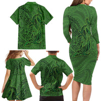 Hawaiian Whales Polynesian Art Motifs Family Matching Long Sleeve Bodycon Dress and Hawaiian Shirt Green Color - Polynesian Pride