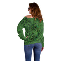 Hawaiian Whales Polynesian Art Motifs Off Shoulder Sweater Green Color - Polynesian Pride