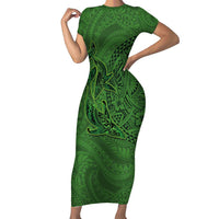 Hawaiian Whales Polynesian Art Motifs Short Sleeve Bodycon Dress Green Color - Polynesian Pride