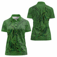 Hawaiian Whales Polynesian Art Motifs Women Polo Shirt Green Color - Polynesian Pride