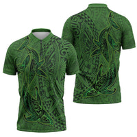 Hawaiian Whales Polynesian Art Motifs Zipper Polo Shirt Green Color - Polynesian Pride