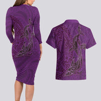 Hawaiian Whales Polynesian Art Motifs Couples Matching Long Sleeve Bodycon Dress and Hawaiian Shirt Purple Color - Polynesian Pride