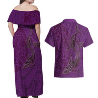 Hawaiian Whales Polynesian Art Motifs Couples Matching Off Shoulder Maxi Dress and Hawaiian Shirt Purple Color - Polynesian Pride