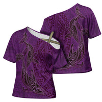 Hawaiian Whales Polynesian Art Motifs Cross Shoulder Shirt Purple Color - Polynesian Pride