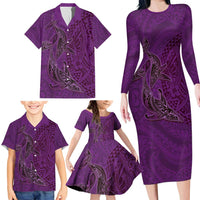 Hawaiian Whales Polynesian Art Motifs Family Matching Long Sleeve Bodycon Dress and Hawaiian Shirt Purple Color - Polynesian Pride