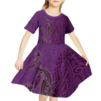 Hawaiian Whales Polynesian Art Motifs Kid Short Sleeve Dress Purple Color - Polynesian Pride