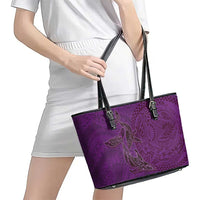 Hawaiian Whales Polynesian Art Motifs Leather Tote Bag Purple Color - Polynesian Pride