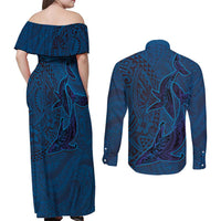 Hawaiian Whales Polynesian Art Motifs Couples Matching Off Shoulder Maxi Dress and Long Sleeve Button Shirt Blue Color - Polynesian Pride
