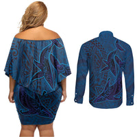 Hawaiian Whales Polynesian Art Motifs Couples Matching Off Shoulder Short Dress and Long Sleeve Button Shirt Blue Color - Polynesian Pride