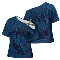 Hawaiian Whales Polynesian Art Motifs Cross Shoulder Shirt Blue Color - Polynesian Pride
