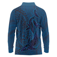 Hawaiian Whales Polynesian Art Motifs Long Sleeve Polo Shirt Blue Color - Polynesian Pride
