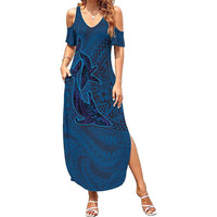 Hawaiian Whales Polynesian Art Motifs Summer Maxi Dress Blue Color - Polynesian Pride