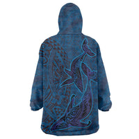 Hawaiian Whales Polynesian Art Motifs Wearable Blanket Hoodie Blue Color - Polynesian Pride