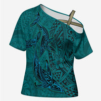 Hawaiian Whales Polynesian Art Motifs Cross Shoulder Shirt Turquoise Color - Polynesian Pride