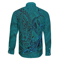 Hawaiian Whales Polynesian Art Motifs Family Matching Long Sleeve Bodycon Dress and Hawaiian Shirt Turquoise Color - Polynesian Pride
