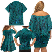 Hawaiian Whales Polynesian Art Motifs Family Matching Off Shoulder Short Dress and Hawaiian Shirt Turquoise Color - Polynesian Pride