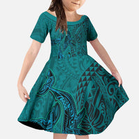 Hawaiian Whales Polynesian Art Motifs Family Matching Short Sleeve Bodycon Dress and Hawaiian Shirt Turquoise Color - Polynesian Pride