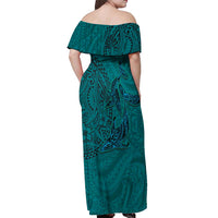 Hawaiian Whales Polynesian Art Motifs Off Shoulder Maxi Dress Turquoise Color - Polynesian Pride